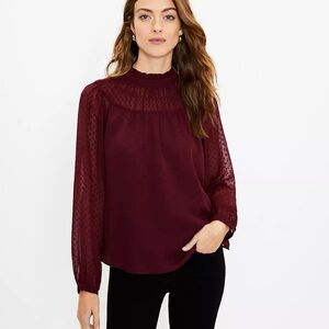 LOFT Women’s Size XL Clip Shirred Ruffle Neck Blouse burgundy long sleeve
